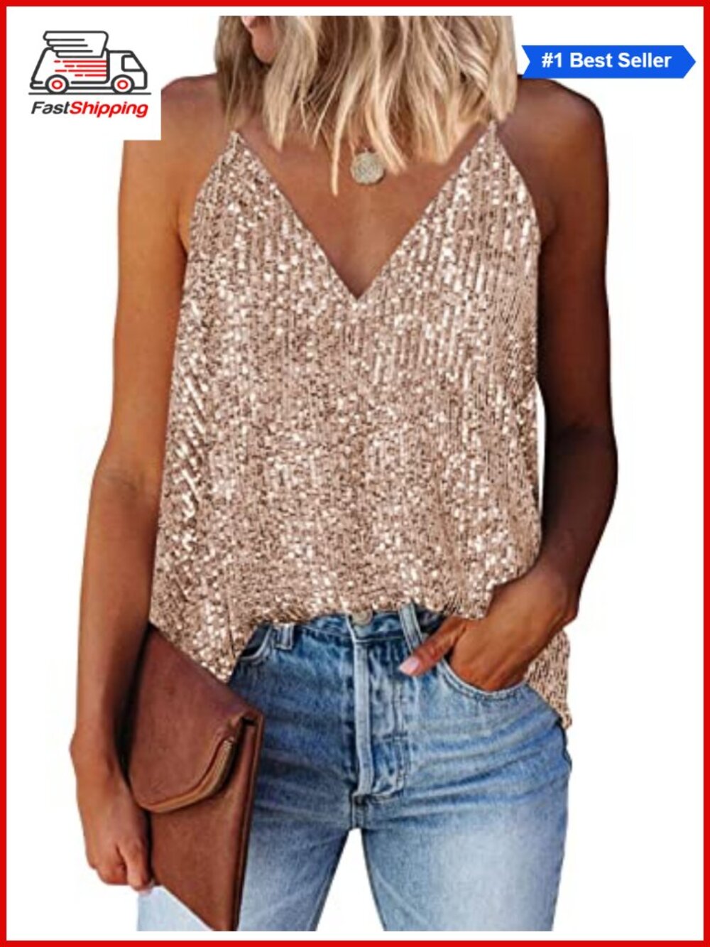 ✨ Sequin Tank Top Womens V Neck Racerback Sleeveless Dressy Party